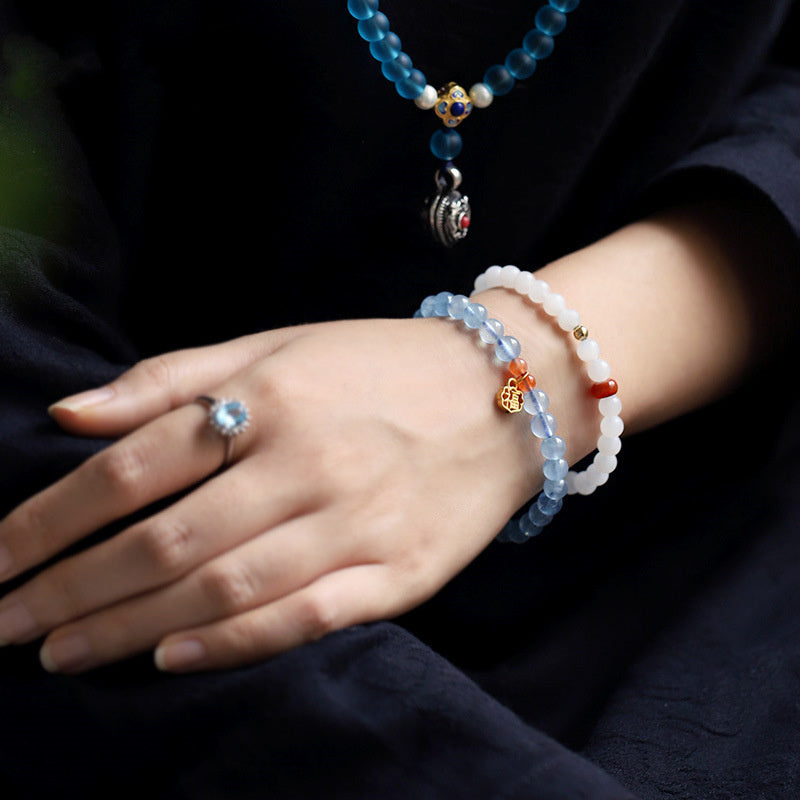 8mm Aquamarine and Red Agate Healing Charm Bracelet