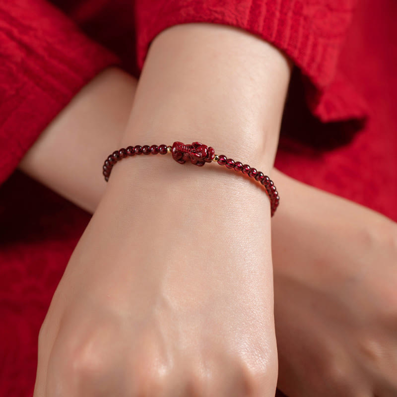 Garnet Cinnabar Pixiu Bracelet for Calm and Blessings