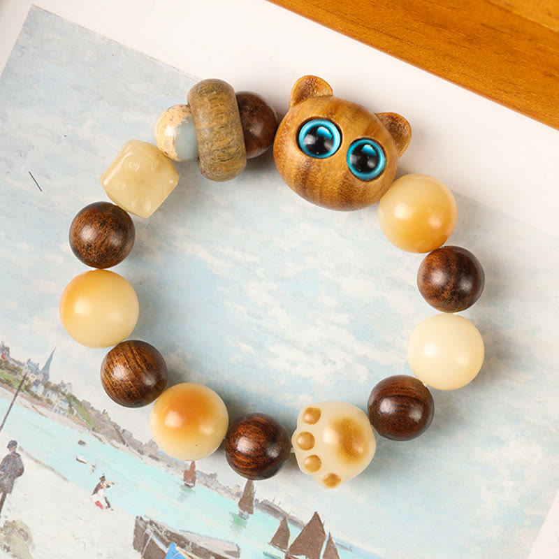 Bodhi Seed Sandalwood Cat Peace Bracelet 14-17cm Unisex