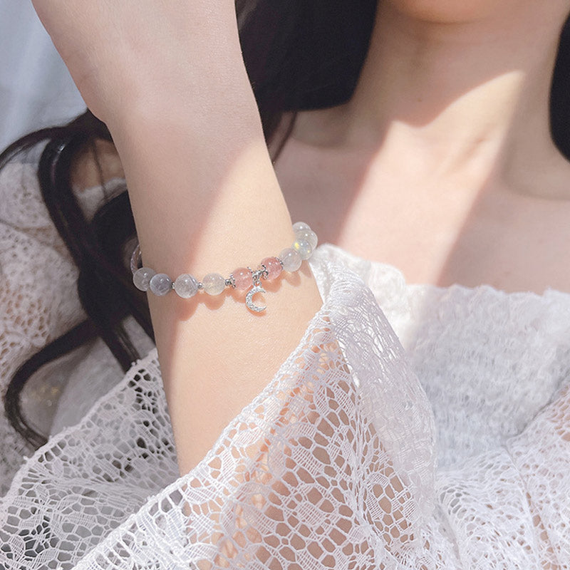 Strawberry Quartz & Moonstone Luck Moon Charm Bracelet