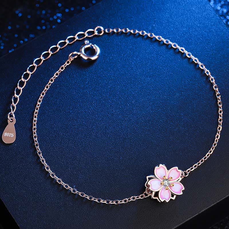 925 Sterling Silver Cherry Blossom Blessing Chain Bracelet with Rotatable Ring