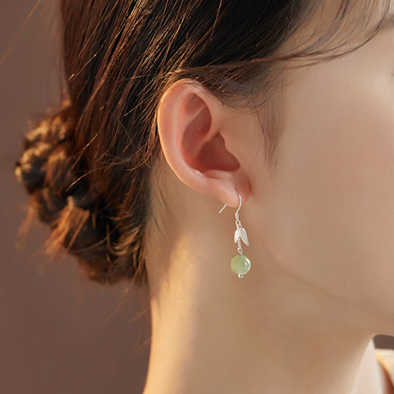 999 Sterling Silber Hetian Jade Bambus Blatt Glück Tropfen Ohrringe