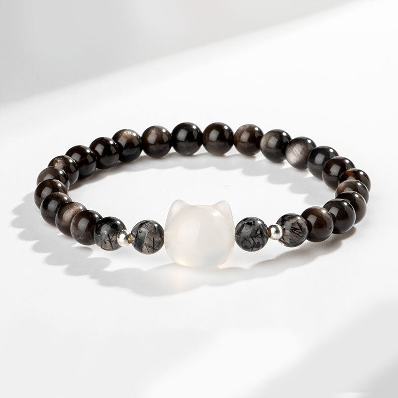 8mm Silver Sheen Obsidian Cat Head Protection Bracelet