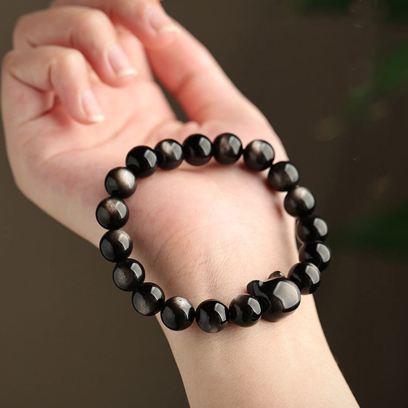 Gold Sheen Obsidian Bracelet with Lucky Cat Paw Charm for Protection