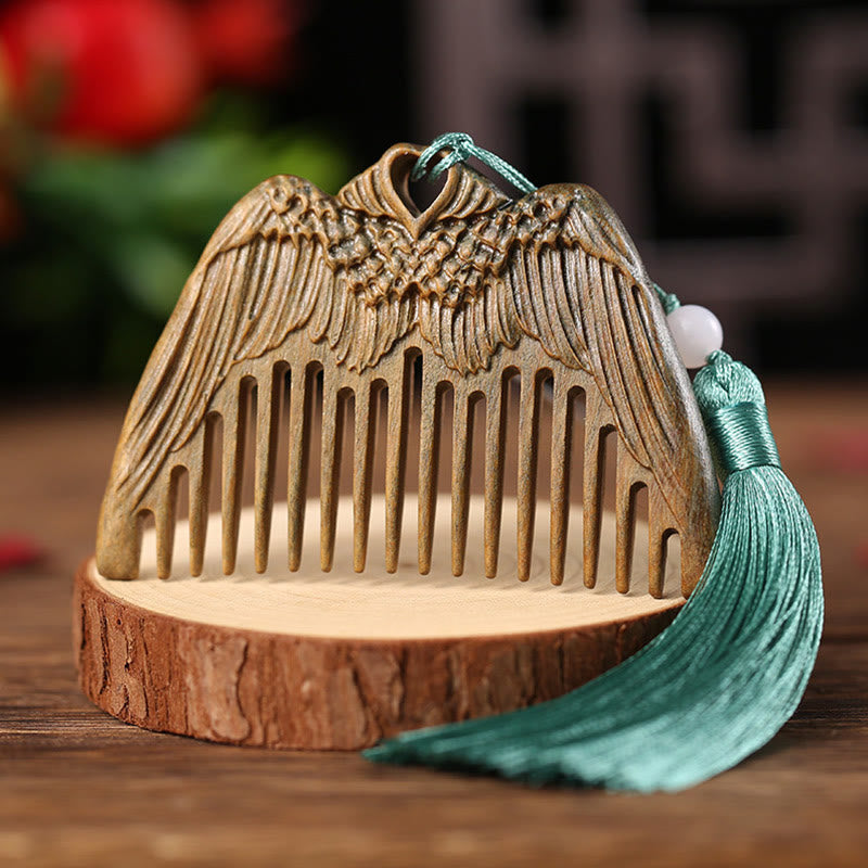 Green Sandalwood Engraved Cure Tassel Comb for Tranquility