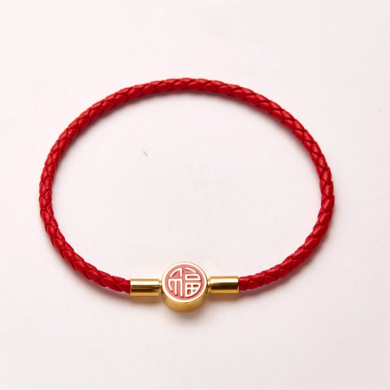Fu Character Leather Buckle Bracelet for Good Fortune & Blessing