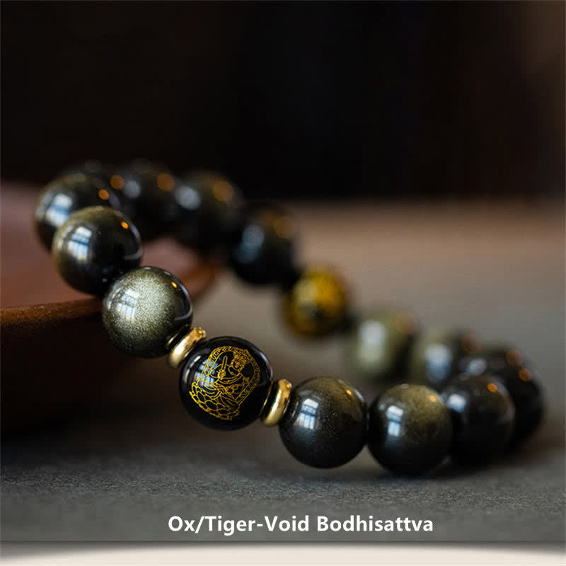 Goldglänzendes Obsidian-Schutzarmband mit chinesischem Sternzeichen, 12 mm