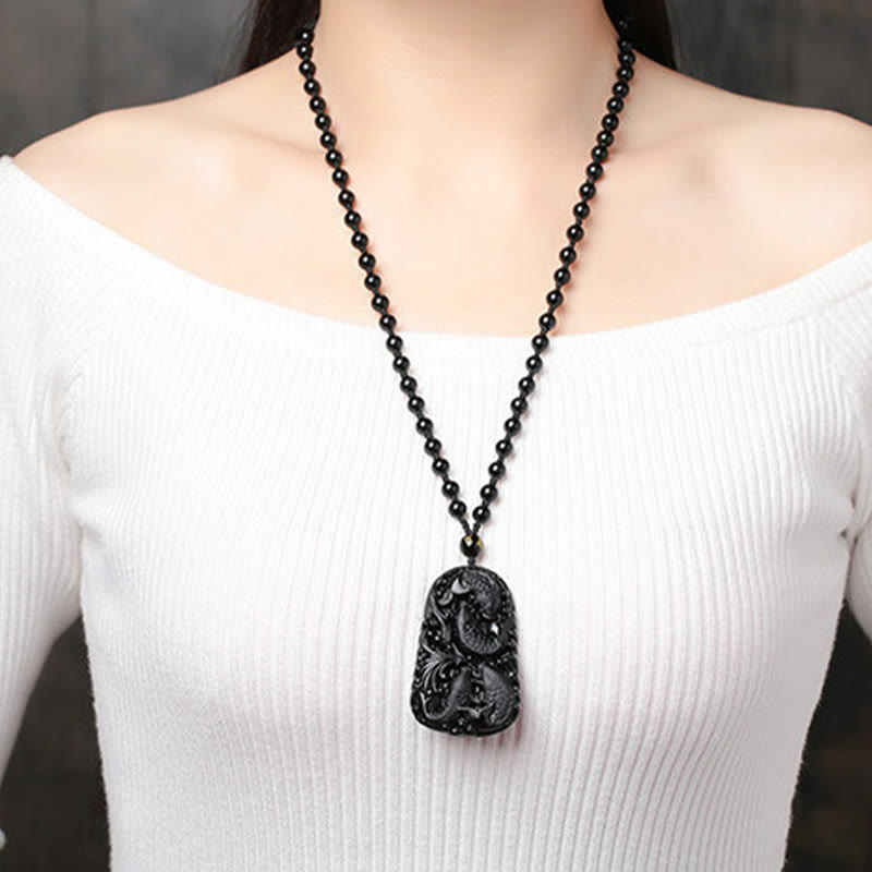Black Obsidian Koi Fish Strength Necklace Pendant