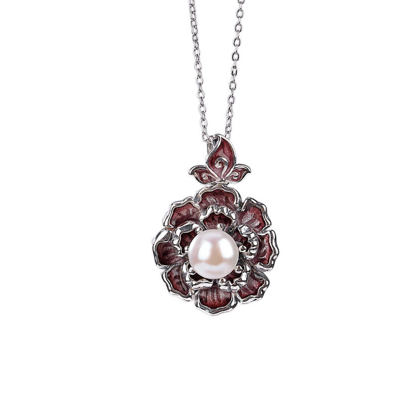999 Sterling Silver Pearl Necklace with Peony Flower Pendant for Healing