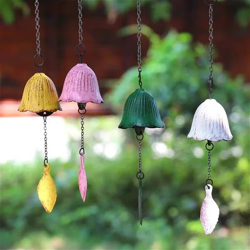 Colorful bell-shaped wind chimes from Japanese Iron for outdoor garden decor