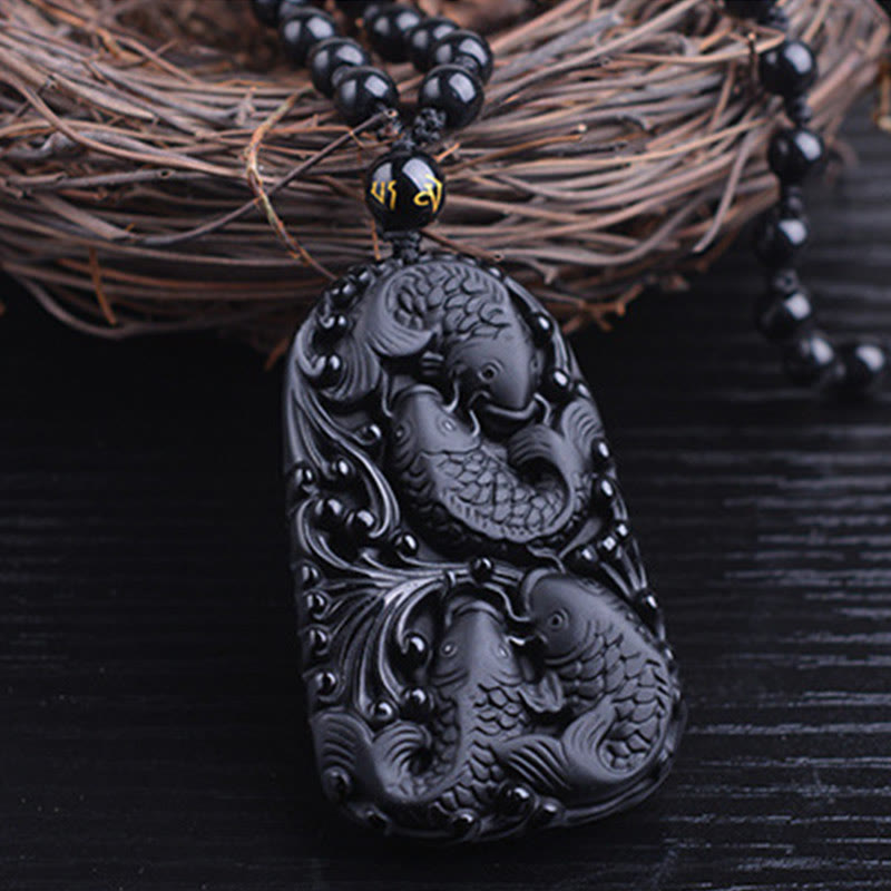 Black Obsidian Koi Fish Strength Necklace Pendant