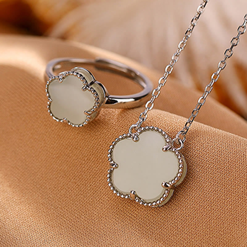 Hetian Jade Flower Necklace & Ring Set in Sterling Silver Gold Plated for Luck