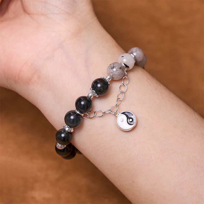Silver Sheen Obsidian Protection Bracelet with Yin Yang Lotus Charm