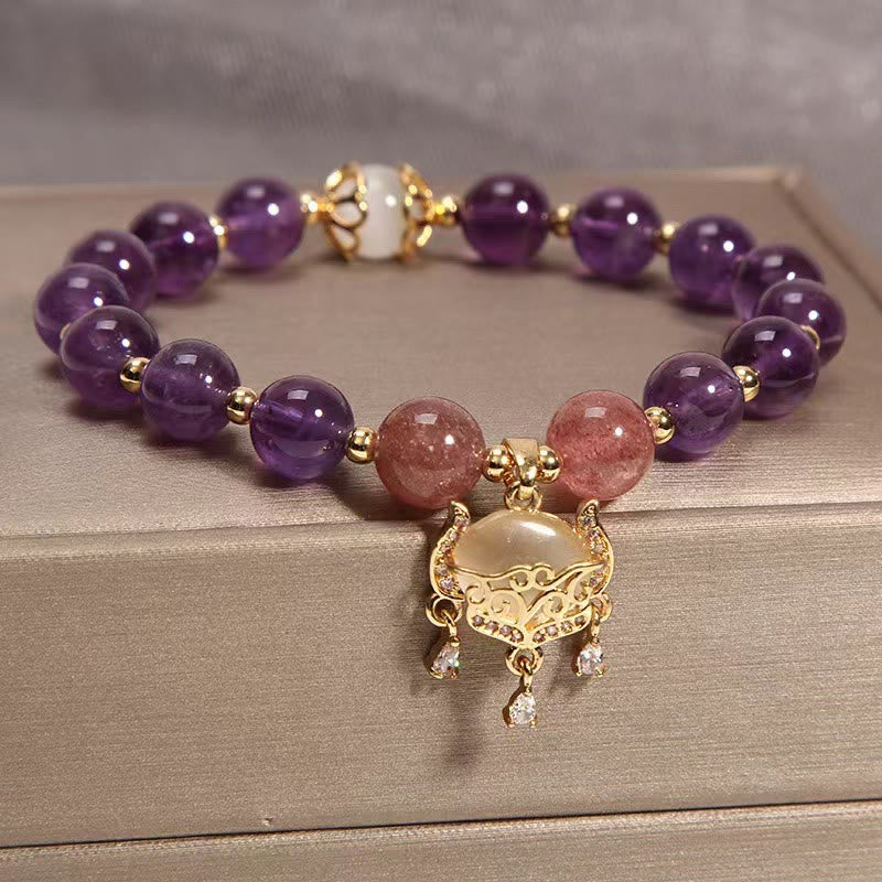 Amethyst Strawberry Quartz Cat Eye Healing Bracelet | Protection Charm