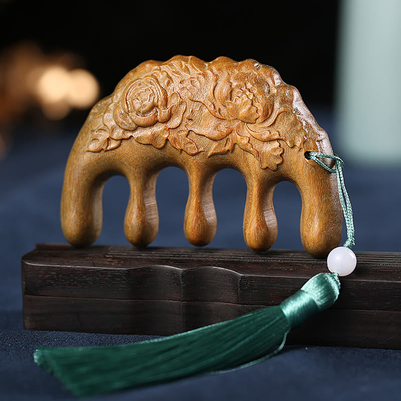 Green Sandalwood Tassel Comb with Lotus & Koi Fish Symbols