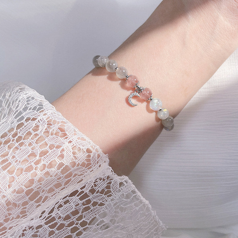 Strawberry Quartz & Moonstone Luck Moon Charm Bracelet