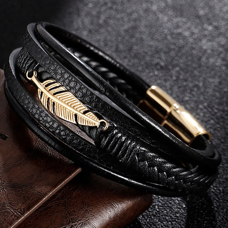 Feather Pattern Titanium Steel Spiritual Bracelet 21.5cm Calm