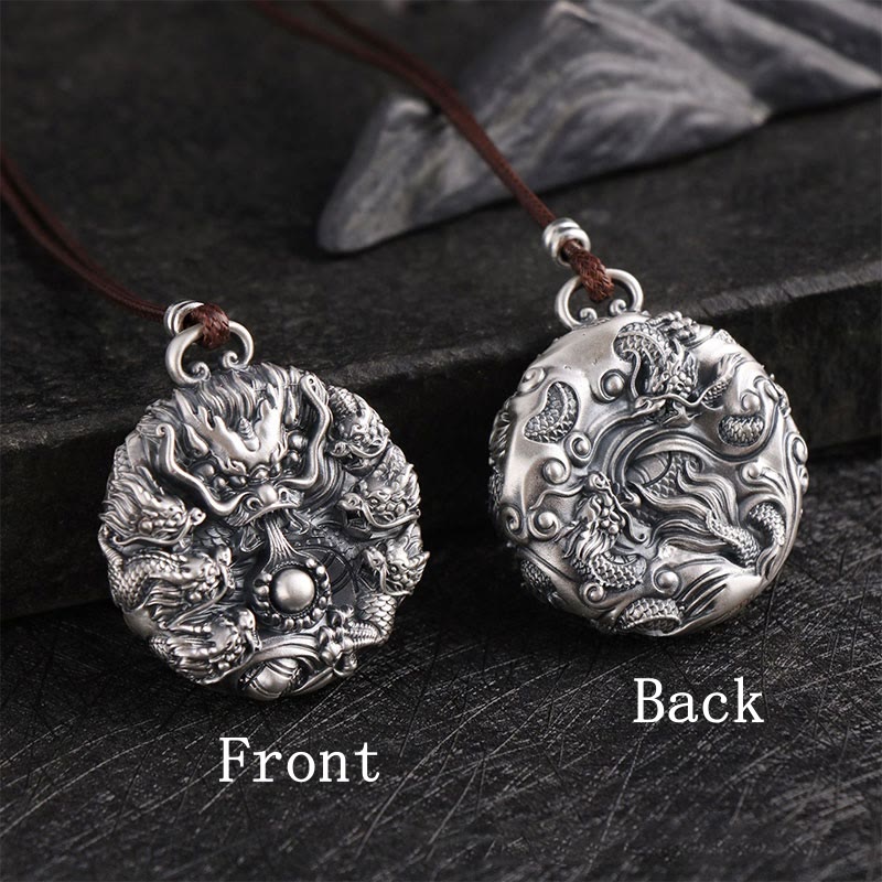999 Sterling Silver Nine Dragons Playing With Pearl Necklace