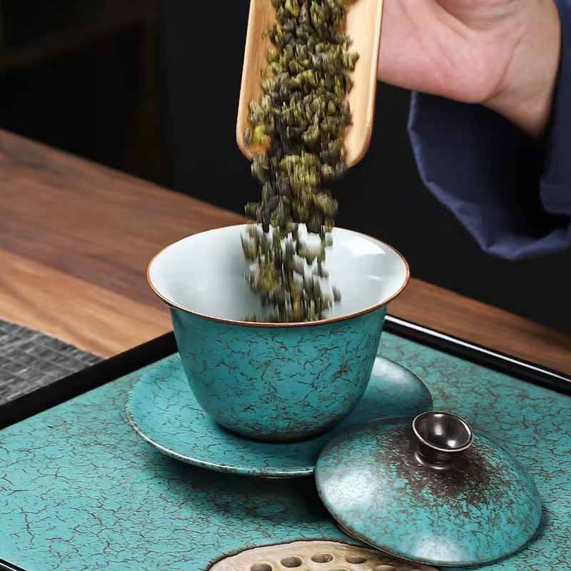 Traditional Pine Tree Green Ceramic Gaiwan Teacup | 150ml | Zen Decor