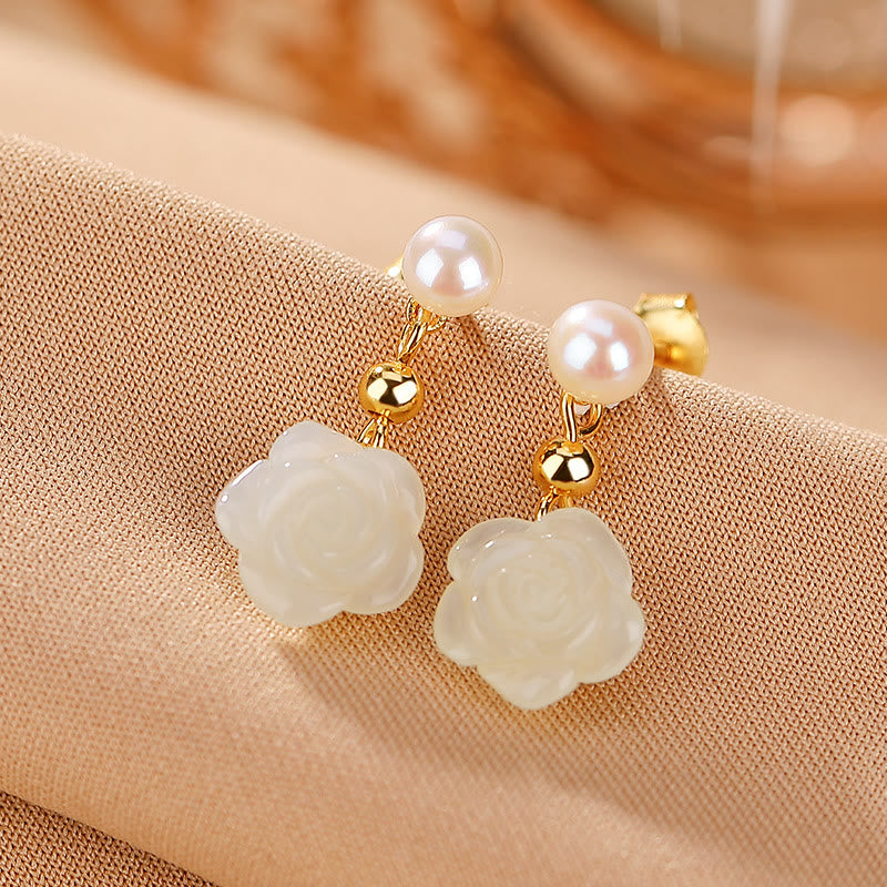 Gold Plated 925 Silver Jade Rose Flower Luck Earrings