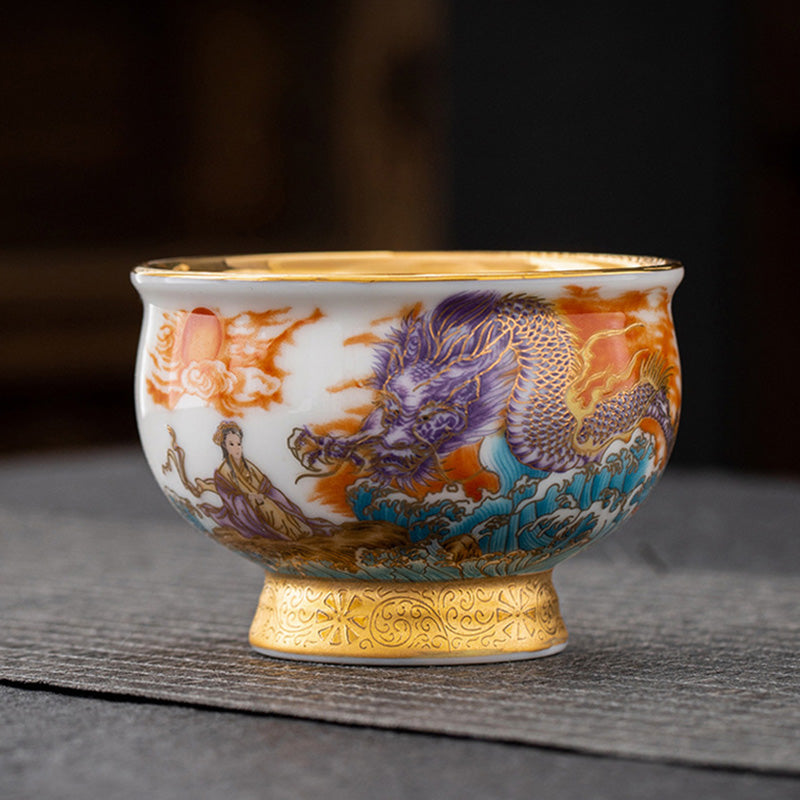 Golden Eagle & Auspicious Dragon Gilt Ceramic Tea Set with Gift Box