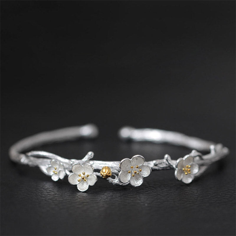 Sterling Silver Plum Flower Blessing Adjustable Spiritual Bracelet