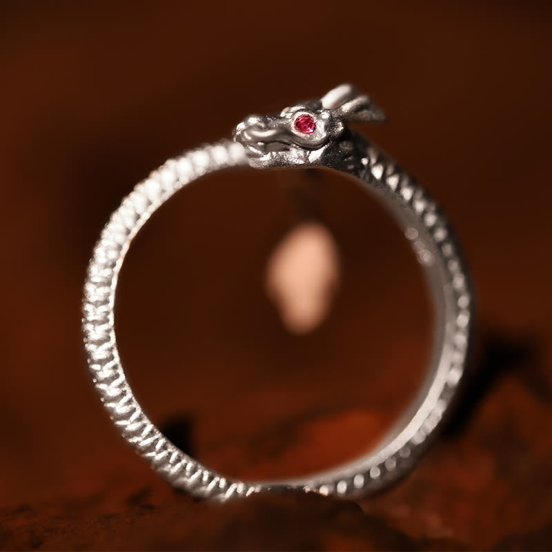 Verstellbarer Glücksschutzring aus 925er Sterlingsilber mit Drachenmotiv