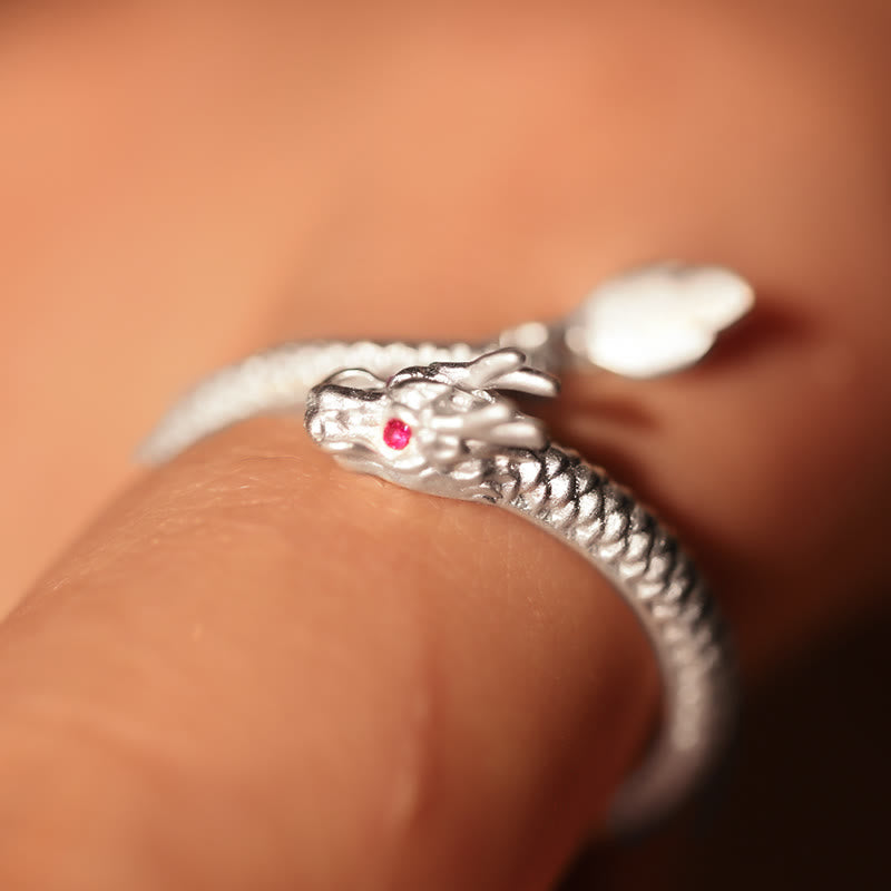 Verstellbarer Glücksschutzring aus 925er Sterlingsilber mit Drachenmotiv