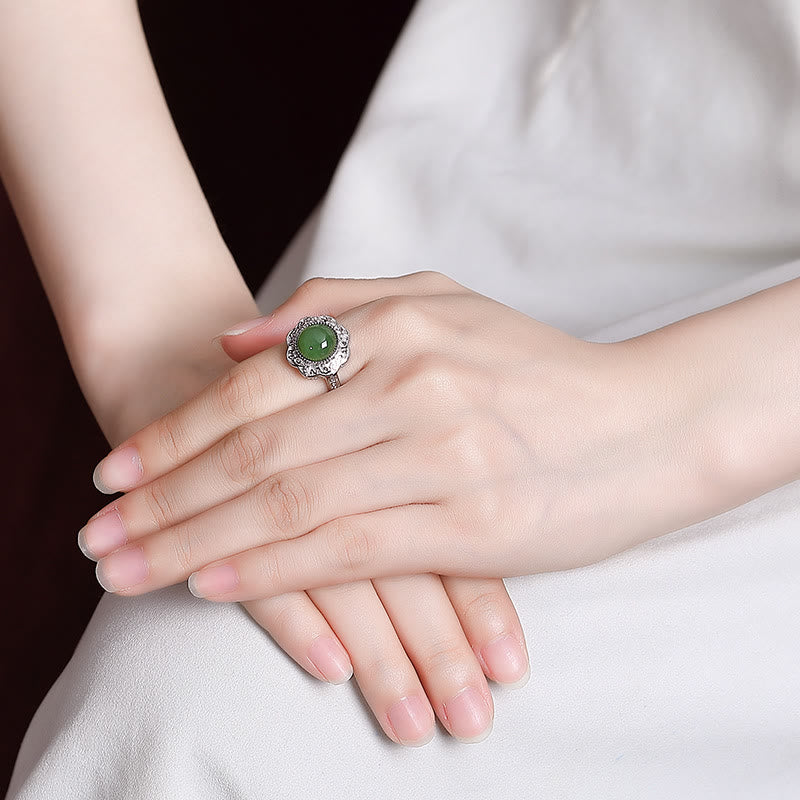 Verstellbarer Glücksring aus 925er Sterlingsilber mit Hetian-Cyan-Jade