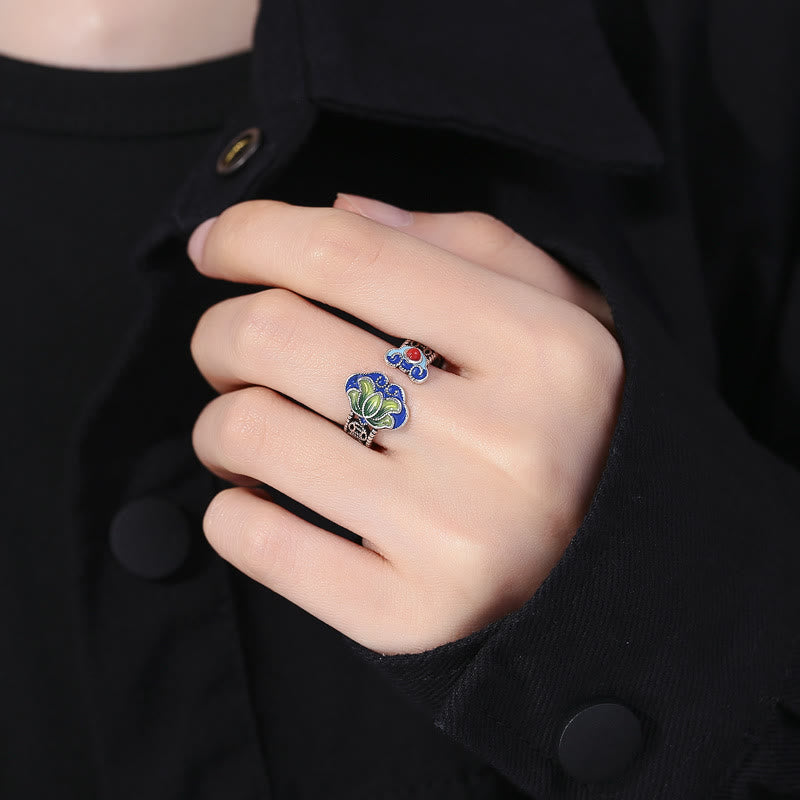 Verstellbarer Kupfer-Lotusblumenring mit Ruyi-Griffsymbol