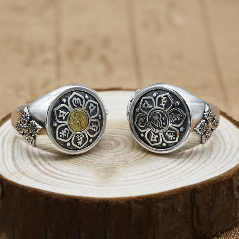Verstellbarer, drehbarer Ring aus Kupfer mit Om Mani Padme Hum