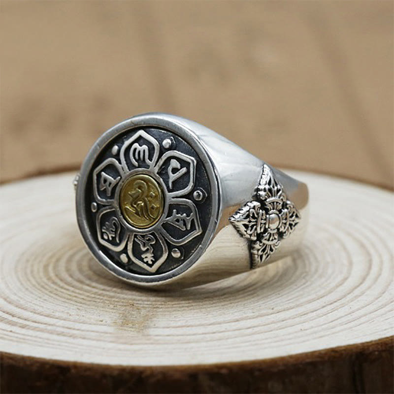 Verstellbarer, drehbarer Ring aus Kupfer mit Om Mani Padme Hum