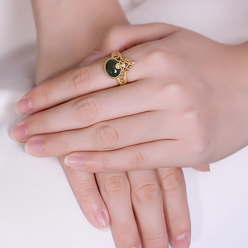 Verstellbarer Erfolgs- und Glücksring aus Cyan-Jade mit Kupfermünze