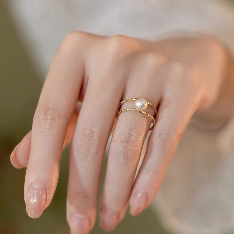 Verstellbarer Glücksring aus Jade und Perlen, doppellagig, Kupfer