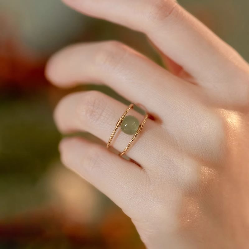 Verstellbarer Glücksring aus Jade und Perlen, doppellagig, Kupfer