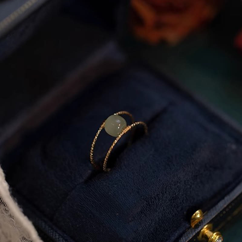 Verstellbarer Glücksring aus Jade und Perlen, doppellagig, Kupfer