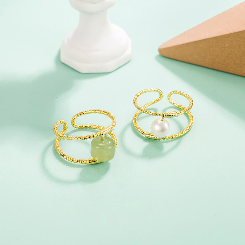 Verstellbarer Glücksring aus Jade und Perlen, doppellagig, Kupfer