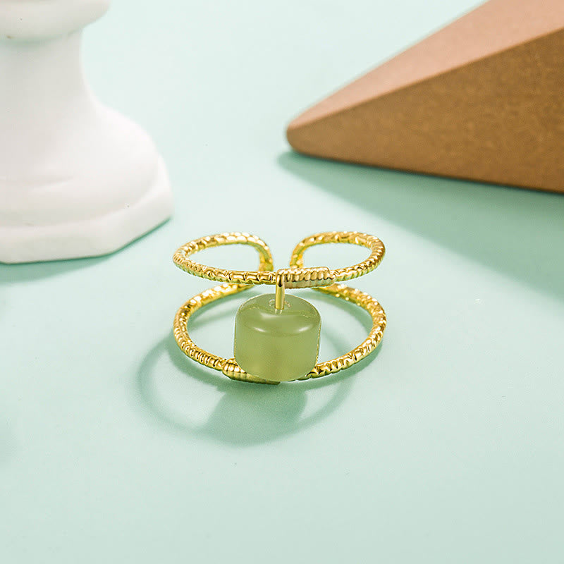 Verstellbarer Glücksring aus Jade und Perlen, doppellagig, Kupfer