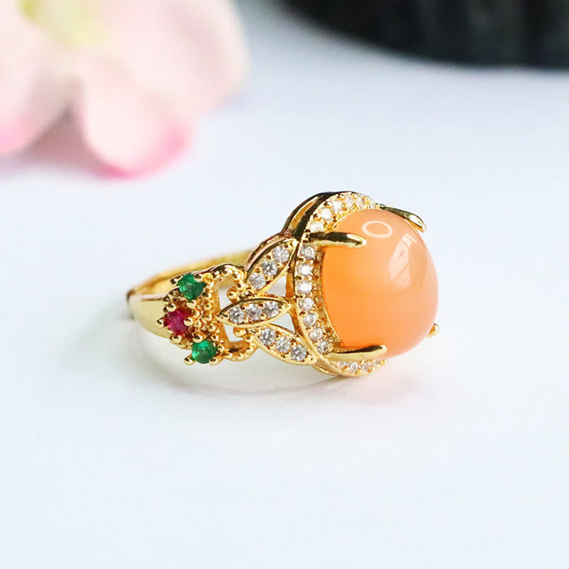 Verstellbarer Pfirsich-Mondstein-Ring mit vierblättrigem Blumendesign | Vintage