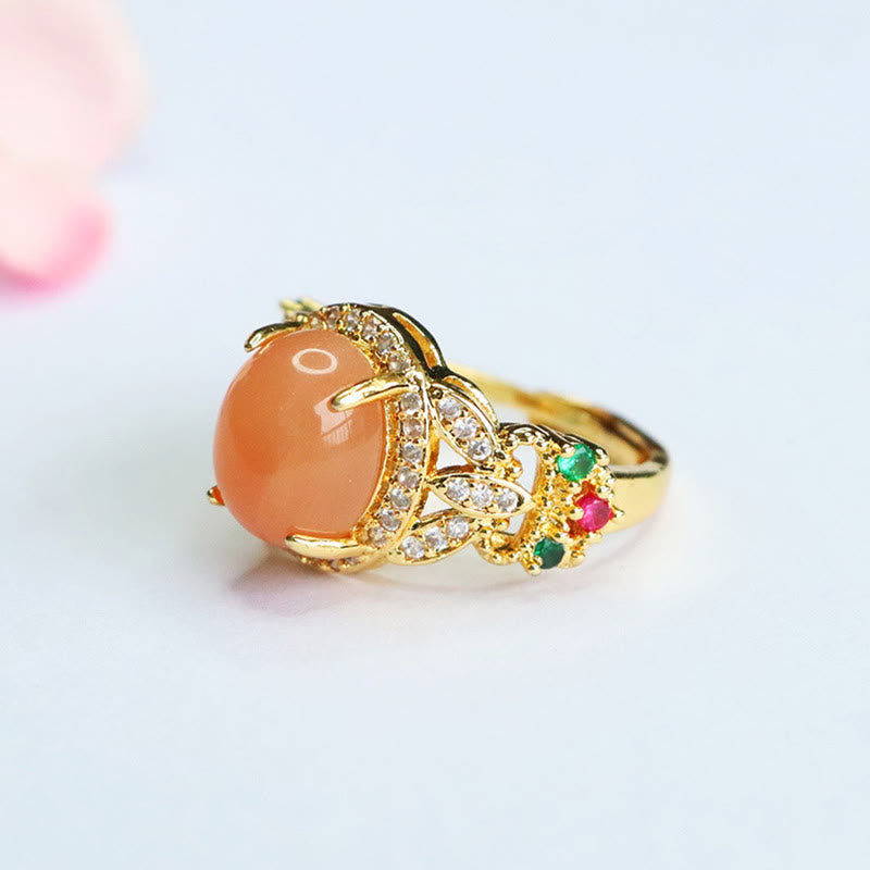 Verstellbarer Pfirsich-Mondstein-Ring mit vierblättrigem Blumendesign | Vintage