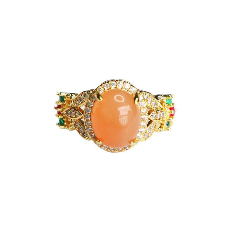 Verstellbarer Pfirsich-Mondstein-Ring mit vierblättrigem Blumendesign | Vintage
