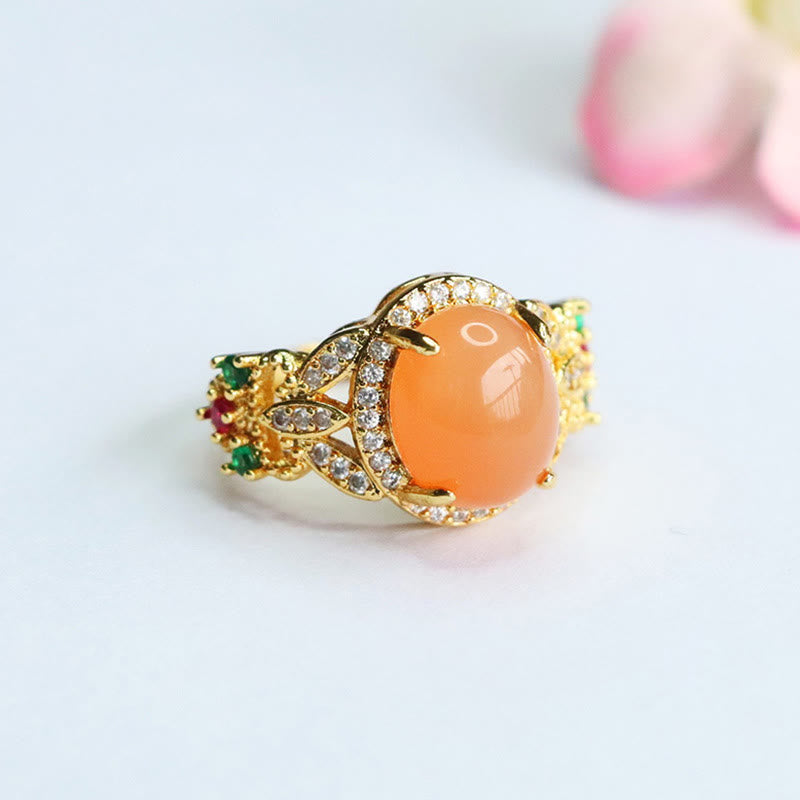 Verstellbarer Pfirsich-Mondstein-Ring mit vierblättrigem Blumendesign | Vintage