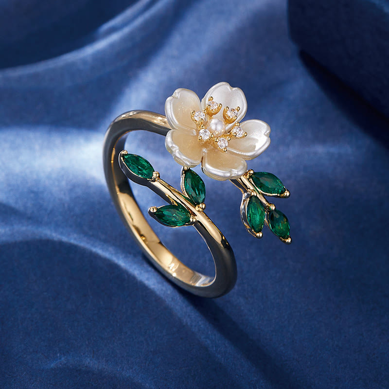 Verstellbarer Kupferring mit Perlenblume und Zirkonia für Glück und Reichtum