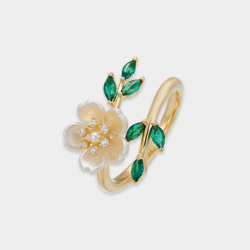 Verstellbarer Kupferring mit Perlenblume und Zirkonia für Glück und Reichtum