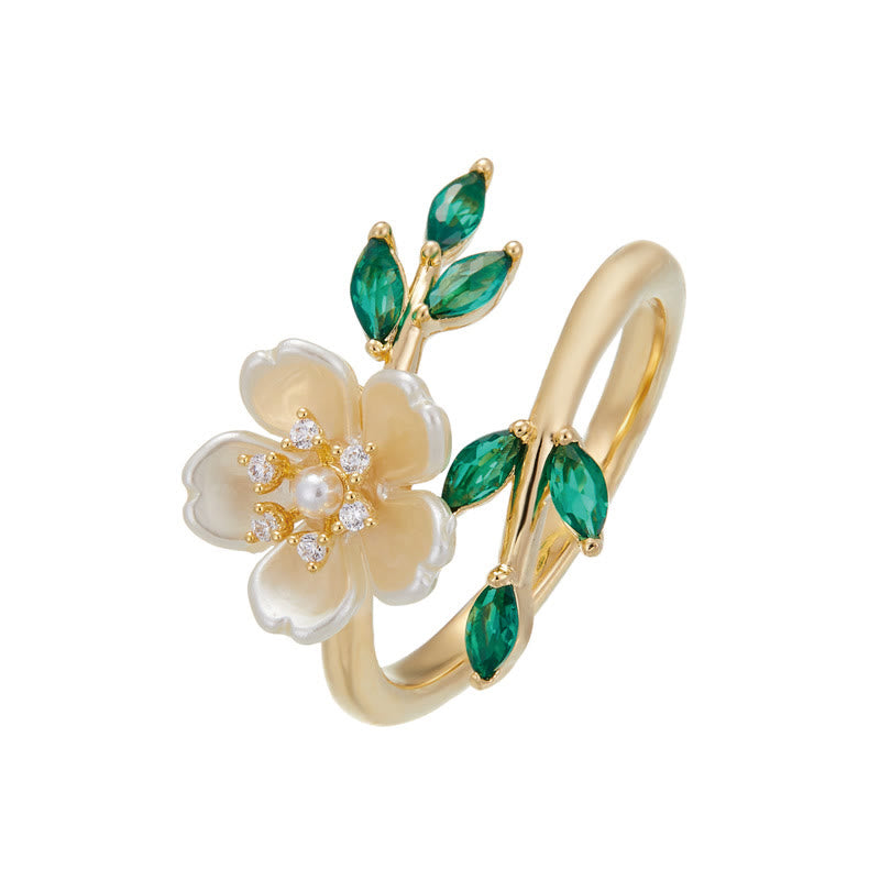 Verstellbarer Kupferring mit Perlenblume und Zirkonia für Glück und Reichtum