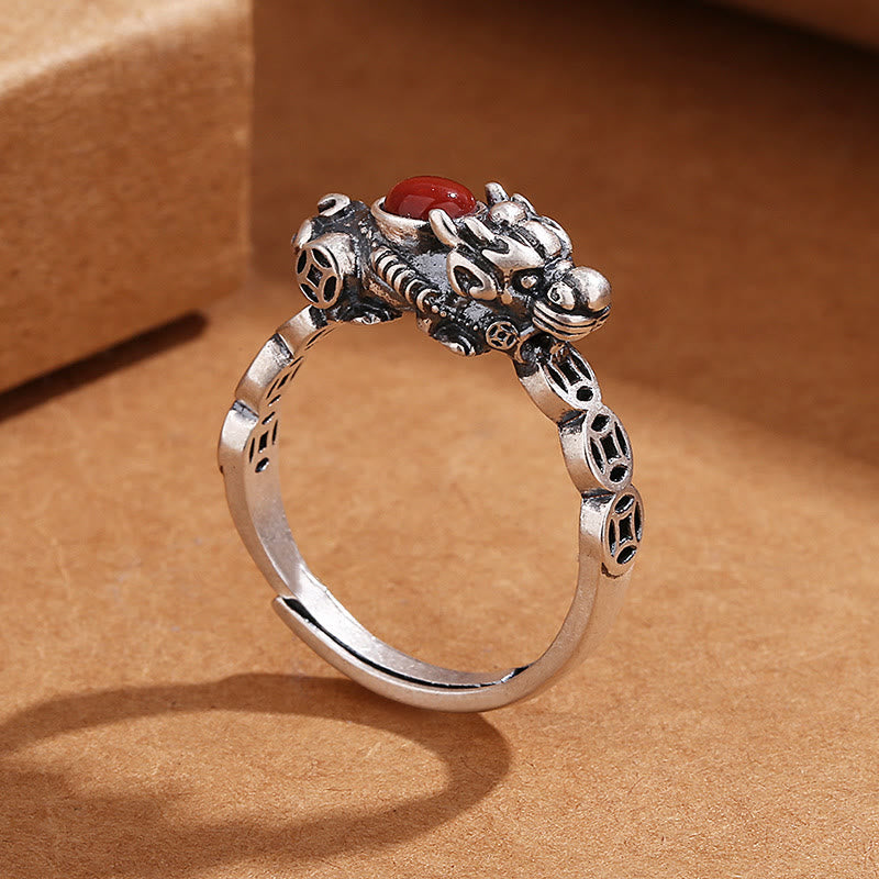Verstellbarer Pixiu-Ring aus rotem Achat für Reichtum und Glück