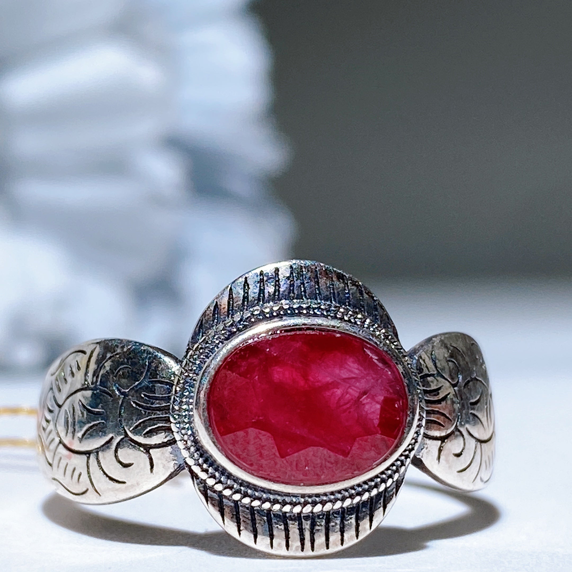 Adjustable Ruby Ring with Faceted Crystal for Healing Energy