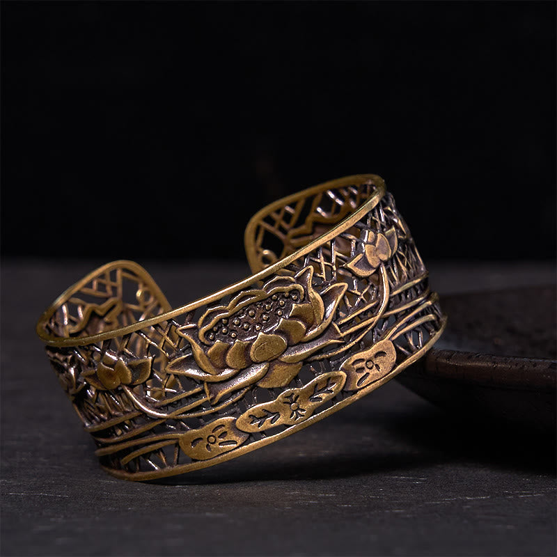 Verstellbarer Armreif mit Lotus-Armband aus versilbertem Kupfer