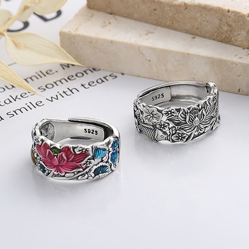 Verstellbarer Wohlstandsring aus Sterlingsilber mit Koi-Fisch und Lotus