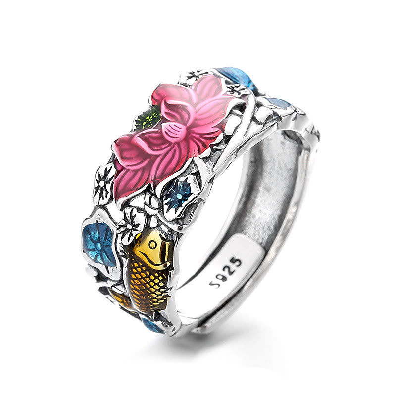 Verstellbarer Wohlstandsring aus Sterlingsilber mit Koi-Fisch und Lotus